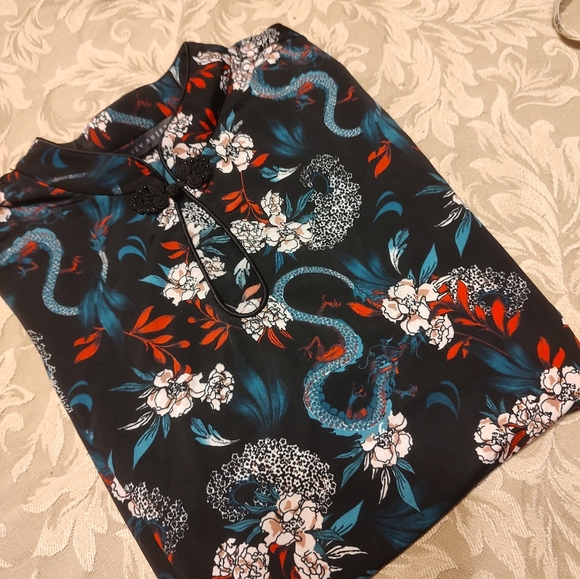 🍒 Exquisite Asian Inspired Floral Keyhole Mandarin Collar Dress Top - LJ - Picture 5 of 15